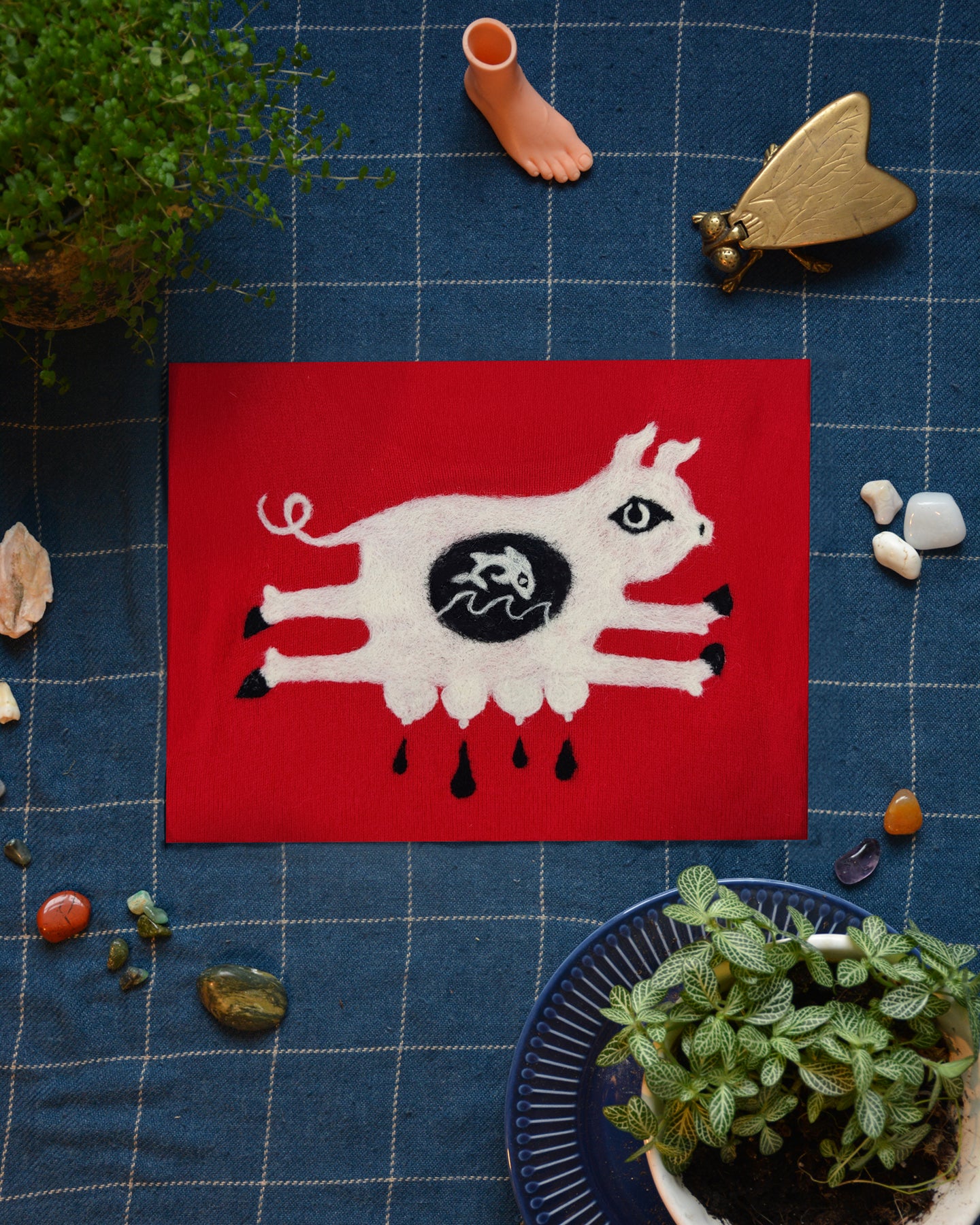 Pig and Fish Textile Art // Artwork Print