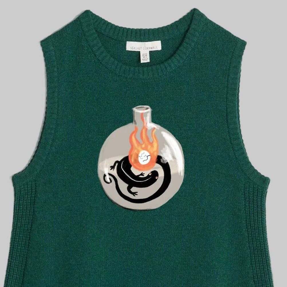 Green sleeveless vest with a graphic salamander design on a light gray background