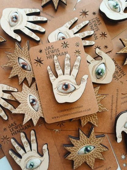 Wooden Hand Brooch with Felt Eye