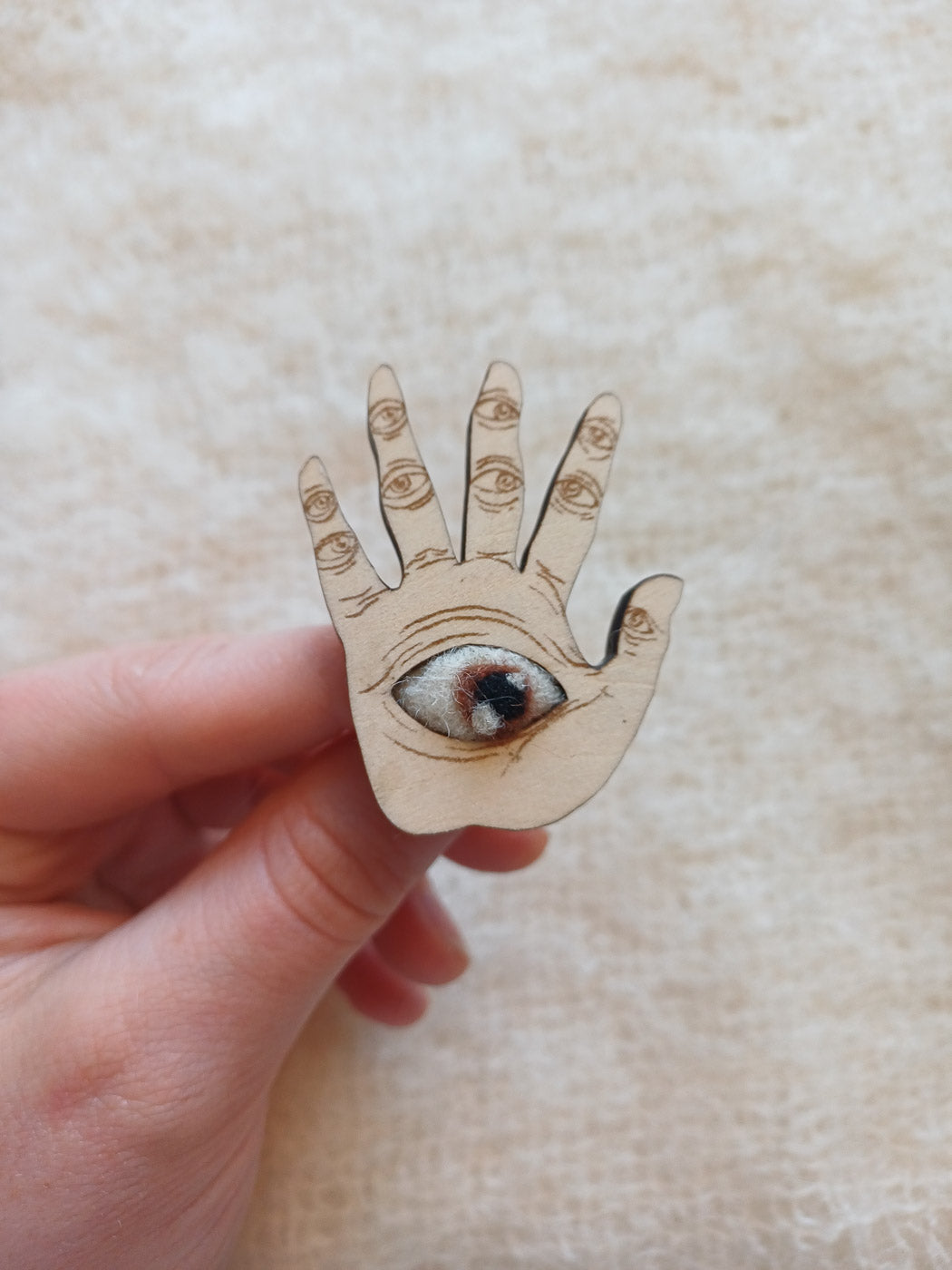 Wooden Hand Brooch with Felt Eye