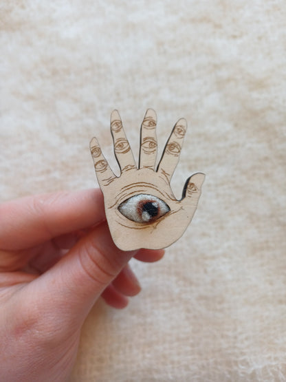 Wooden Hand Brooch with Felt Eye