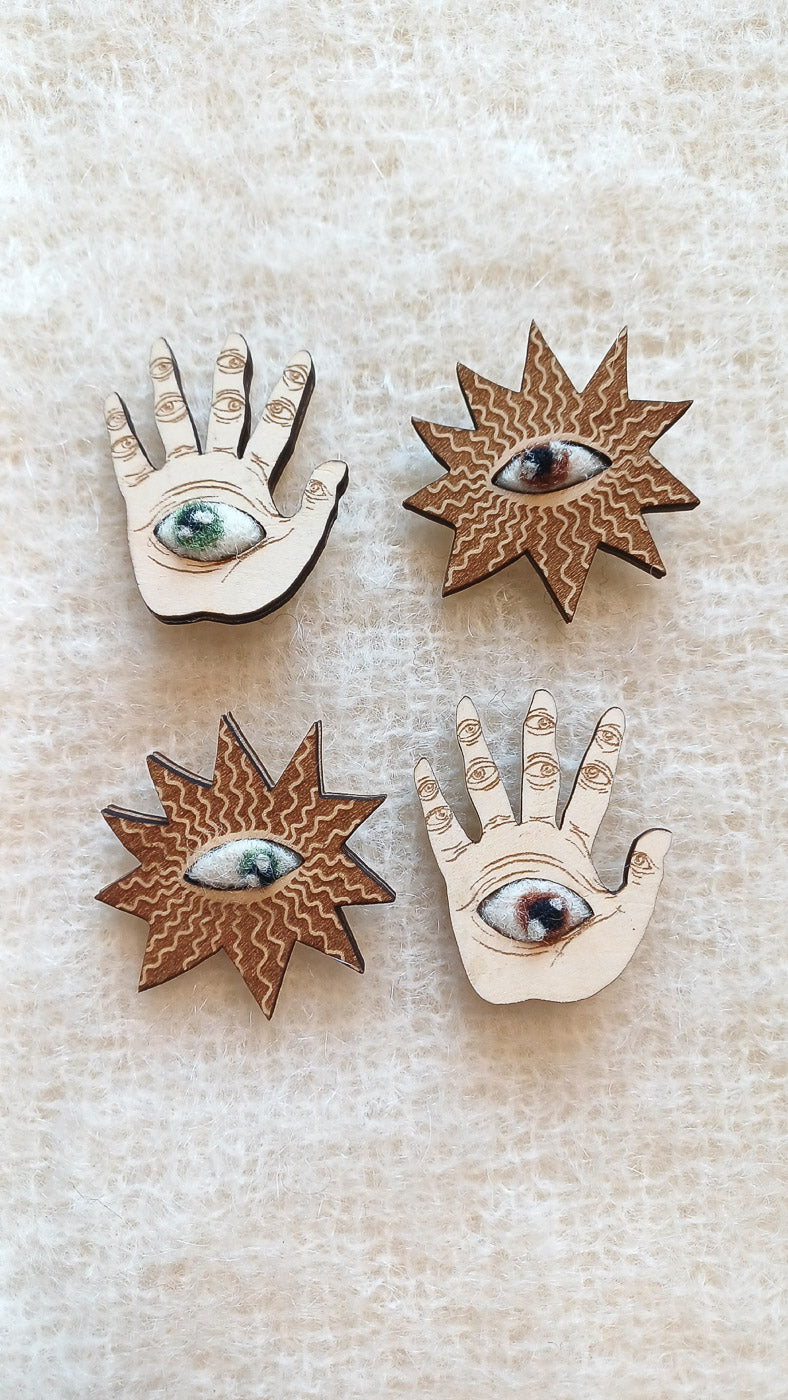 Wooden Hand Brooch with Felt Eye