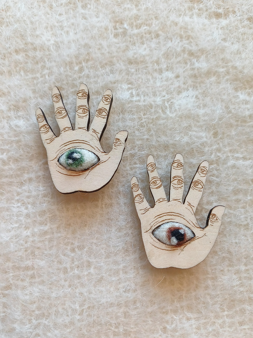 Wooden Hand Brooch with Felt Eye