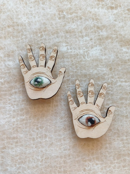 Wooden Hand Brooch with Felt Eye