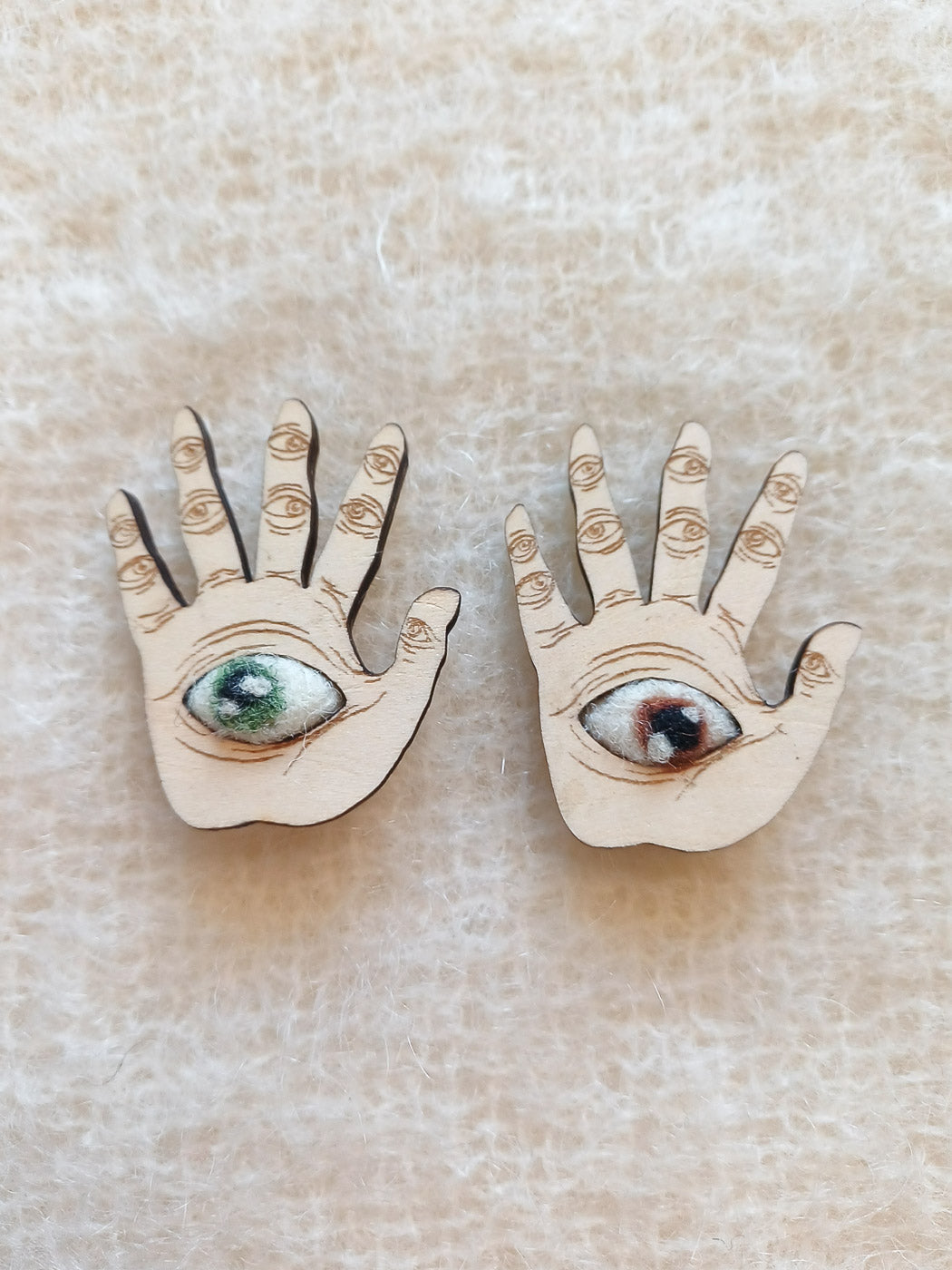 Wooden Hand Brooch with Felt Eye